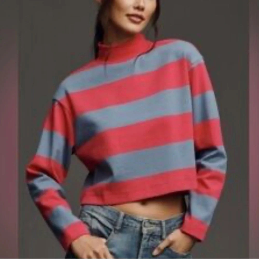DOLAN Pink & Blue Rugby Cropped Mock-Neck Pullover, M